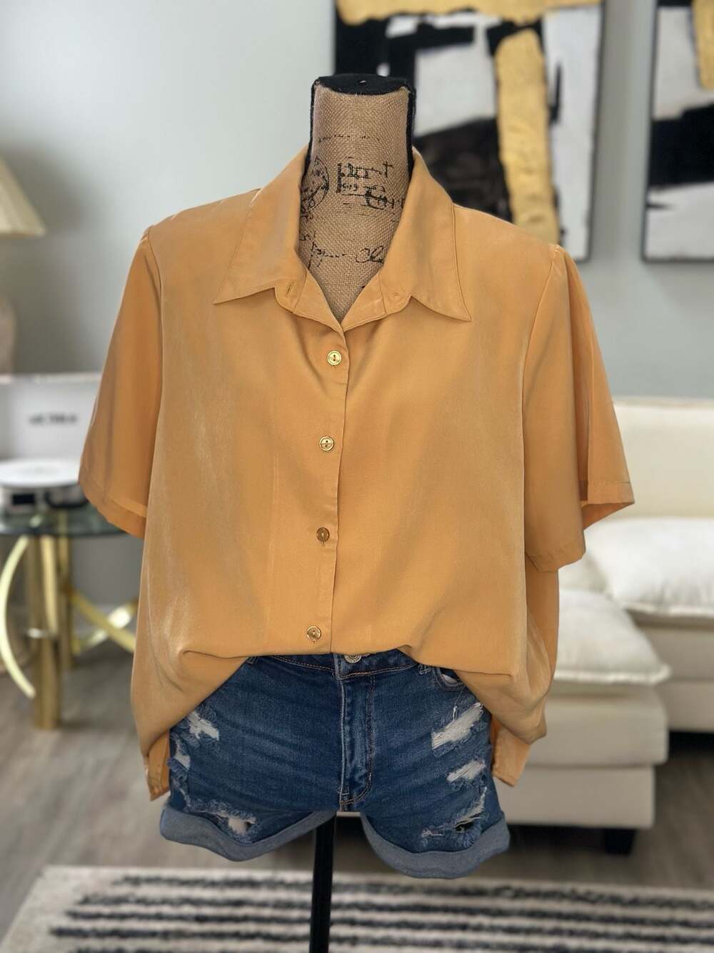 Roaman's Vintage Plus Size 20W Gold Yellow Short Sleeve Button Up Blouse